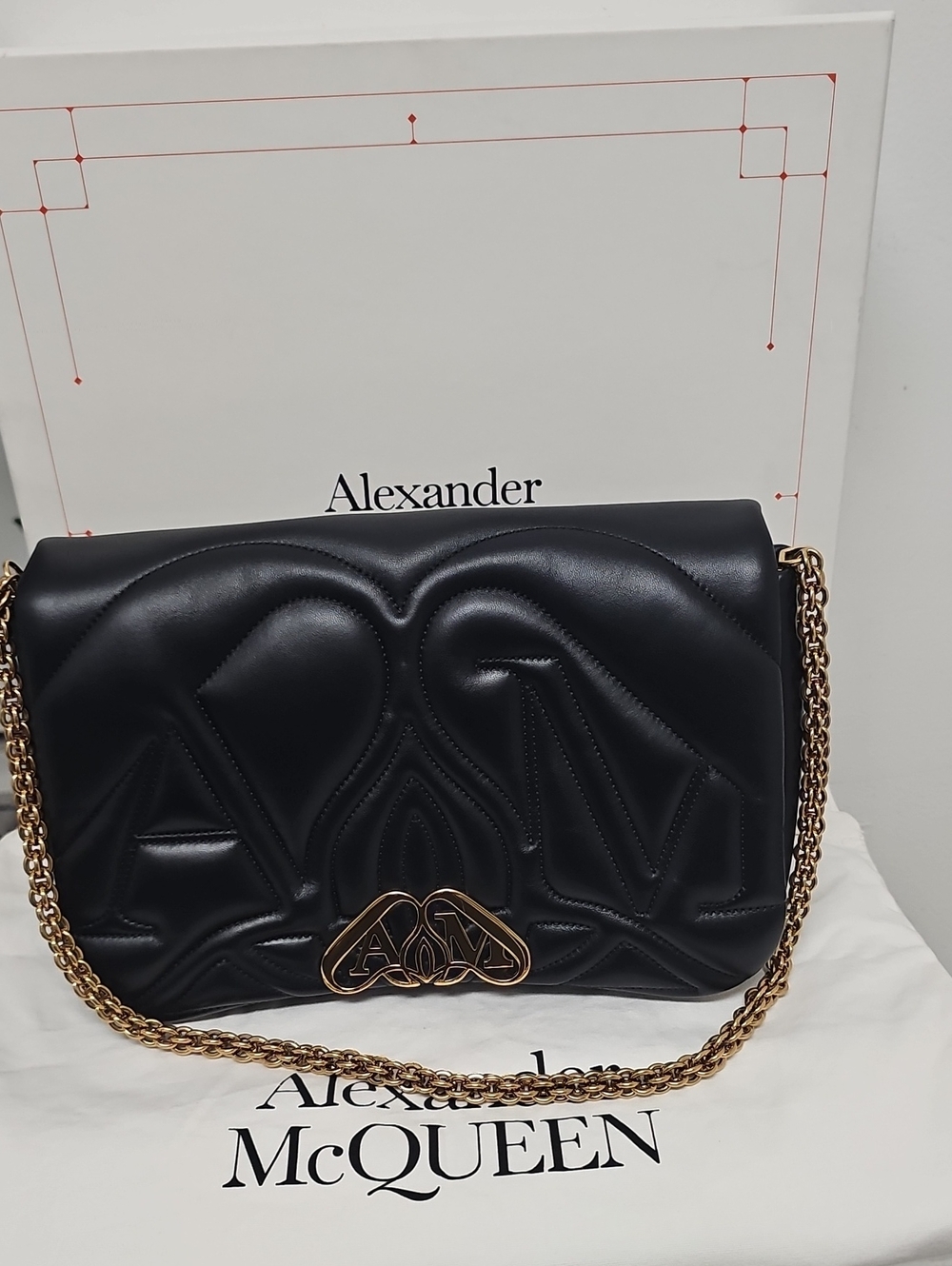 Alexander McQueen Black Quilted Leather Shoulder Bag with Gold Chain Detail